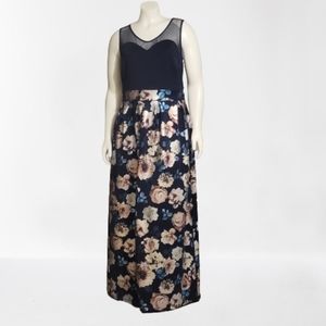 En focus Studio A Line Floral Long Dress Navy and Gold sleeveless Size14